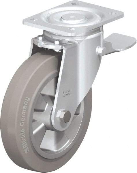 Blickle - 8" Diam x 2" Wide x 9-41/64" OAH Top Plate Mount Swivel Caster with Brake - Solid Rubber, 1,210 Lb Capacity, Ball Bearing, 5-1/2 x 4-3/8" Plate - USA Tool & Supply