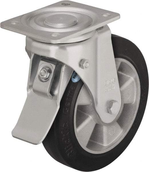 Blickle - 10" Diam x 2" Wide x 11-39/64" OAH Top Plate Mount Swivel Caster with Brake - Solid Rubber, 1,430 Lb Capacity, Ball Bearing, 5-1/2 x 4-3/8" Plate - USA Tool & Supply