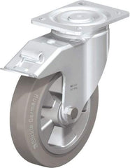 Blickle - 8" Diam x 2" Wide x 9-41/64" OAH Top Plate Mount Swivel Caster with Brake - Solid Rubber, 1,210 Lb Capacity, Ball Bearing, 5-1/2 x 4-3/8" Plate - USA Tool & Supply
