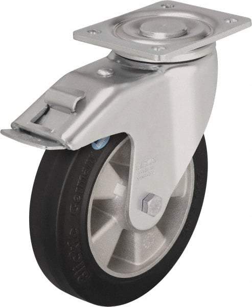 Blickle - 5" Diam x 2" Wide x 6-11/16" OAH Top Plate Mount Swivel Caster with Brake - Solid Rubber, 594 Lb Capacity, Ball Bearing, 5-1/2 x 4-3/8" Plate - USA Tool & Supply