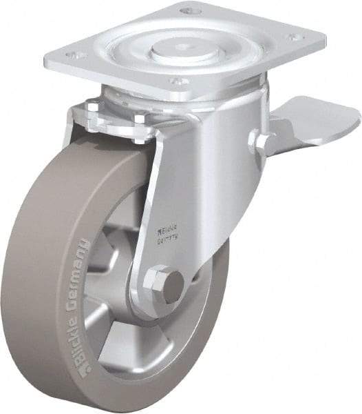 Blickle - 6-1/2" Diam x 2" Wide x 7-61/64" OAH Top Plate Mount Swivel Caster with Brake - Solid Rubber, 880 Lb Capacity, Ball Bearing, 5-1/2 x 4-3/8" Plate - USA Tool & Supply