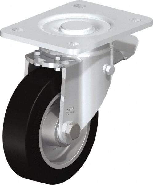 Blickle - 5" Diam x 1-9/16" Wide x 6-1/2" OAH Top Plate Mount Swivel Caster with Brake - Solid Rubber, 550 Lb Capacity, Ball Bearing, 5-1/2 x 4-3/8" Plate - USA Tool & Supply