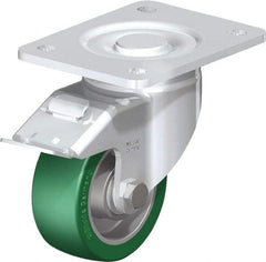 Blickle - 4" Diam x 1-9/16" Wide x 5-33/64" OAH Top Plate Mount Swivel Caster with Brake - Polyurethane-Elastomer Blickle Softhane, 660 Lb Capacity, Ball Bearing, 5-1/2 x 4-3/8" Plate - USA Tool & Supply