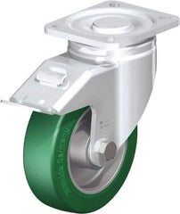 Blickle - 5" Diam x 1-9/16" Wide x 6-1/2" OAH Top Plate Mount Swivel Caster with Brake - Polyurethane-Elastomer Blickle Softhane, 770 Lb Capacity, Ball Bearing, 3-15/16 x 3-3/8" Plate - USA Tool & Supply