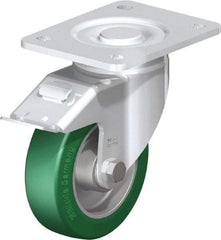 Blickle - 5" Diam x 1-9/16" Wide x 6-1/2" OAH Top Plate Mount Swivel Caster with Brake - Polyurethane-Elastomer Blickle Softhane, 770 Lb Capacity, Ball Bearing, 5-1/2 x 4-3/8" Plate - USA Tool & Supply