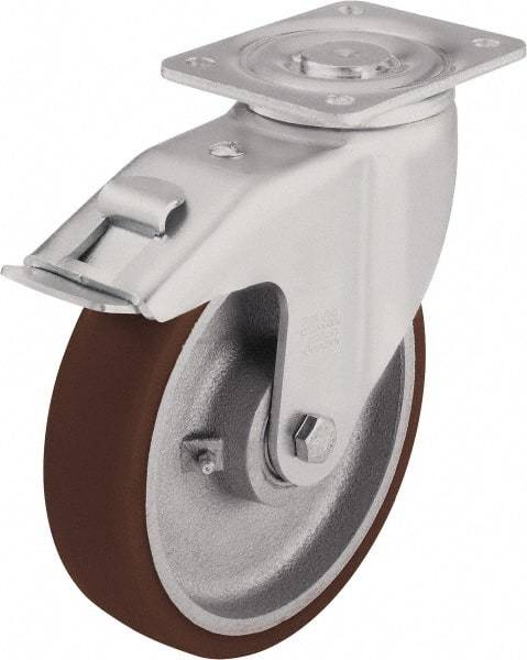 Blickle - 8" Diam x 2-35/64" Wide x 9-21/32" OAH Top Plate Mount Swivel Caster with Brake - Polyurethane-Elastomer Blickle Softhane, 1,980 Lb Capacity, Ball Bearing, 5-1/2 x 4-3/8" Plate - USA Tool & Supply