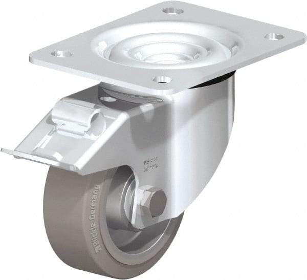 Blickle - 4" Diam x 1-37/64" Wide x 5-7/64" OAH Top Plate Mount Swivel Caster with Brake - Solid Rubber, 440 Lb Capacity, Ball Bearing, 5-1/2 x 4-3/8" Plate - USA Tool & Supply