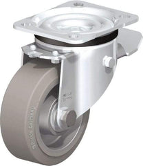 Blickle - 4" Diam x 1-37/64" Wide x 5-7/64" OAH Top Plate Mount Swivel Caster with Brake - Solid Rubber, 440 Lb Capacity, Ball Bearing, 3-15/16 x 3-3/8" Plate - USA Tool & Supply