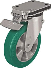 Blickle - 8" Diam x 2" Wide x 10-5/16" OAH Top Plate Mount Swivel Caster with Brake - Polyurethane-Elastomer Blickle Softhane, 1,320 Lb Capacity, Ball Bearing, 5-1/2 x 4-3/8" Plate - USA Tool & Supply