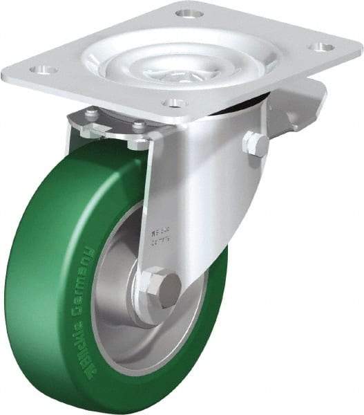 Blickle - 5" Diam x 1-37/64" Wide x 6-7/64" OAH Top Plate Mount Swivel Caster with Brake - Polyurethane-Elastomer Blickle Softhane, 770 Lb Capacity, Ball Bearing, 5-1/2 x 4-3/8" Plate - USA Tool & Supply