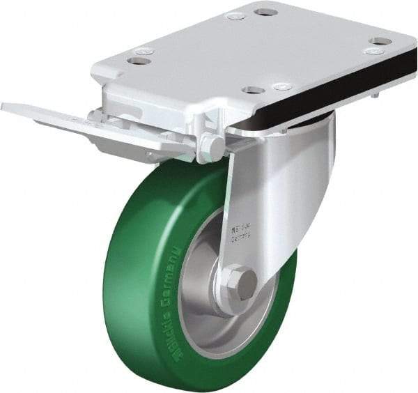 Blickle - 5" Diam x 1-37/64" Wide x 10-5/16" OAH Top Plate Mount Swivel Caster with Brake - Polyurethane-Elastomer Blickle Softhane, 770 Lb Capacity, Ball Bearing, 5-1/2 x 4-3/8" Plate - USA Tool & Supply