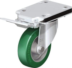 Blickle - 5" Diam x 1-37/64" Wide x 10-5/16" OAH Top Plate Mount Swivel Caster with Brake - Polyurethane-Elastomer Blickle Softhane, 770 Lb Capacity, Ball Bearing, 5-1/2 x 4-3/8" Plate - USA Tool & Supply