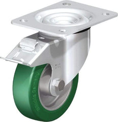 Blickle - 5" Diam x 1-37/64" Wide x 6-7/64" OAH Top Plate Mount Swivel Caster with Brake - Polyurethane-Elastomer Blickle Softhane, 770 Lb Capacity, Ball Bearing, 5-1/2 x 4-3/8" Plate - USA Tool & Supply