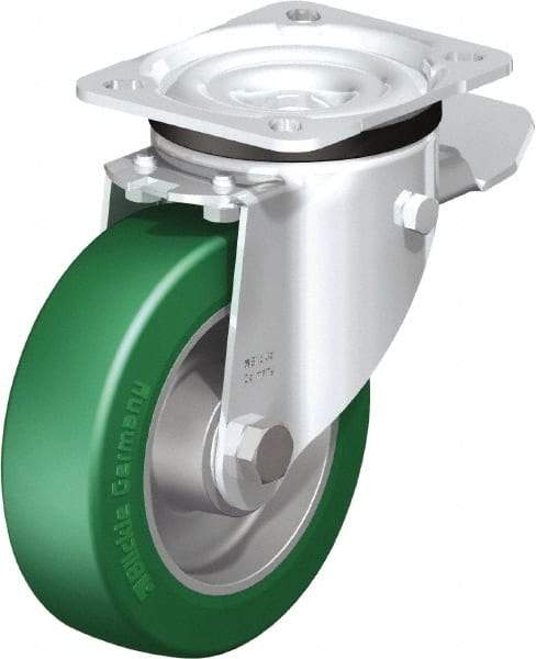 Blickle - 5" Diam x 1-37/64" Wide x 6-7/64" OAH Top Plate Mount Swivel Caster with Brake - Polyurethane-Elastomer Blickle Softhane, 770 Lb Capacity, Ball Bearing, 3-15/16 x 3-3/8" Plate - USA Tool & Supply