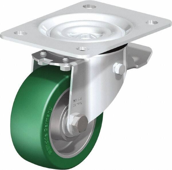 Blickle - 4" Diam x 1-37/64" Wide x 5-7/64" OAH Top Plate Mount Swivel Caster with Brake - Polyurethane-Elastomer Blickle Softhane, 660 Lb Capacity, Ball Bearing, 5-1/2 x 4-3/8" Plate - USA Tool & Supply