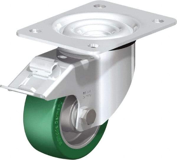 Blickle - 4" Diam x 1-37/64" Wide x 5-7/64" OAH Top Plate Mount Swivel Caster with Brake - Polyurethane-Elastomer Blickle Softhane, 660 Lb Capacity, Ball Bearing, 5-1/2 x 4-3/8" Plate - USA Tool & Supply