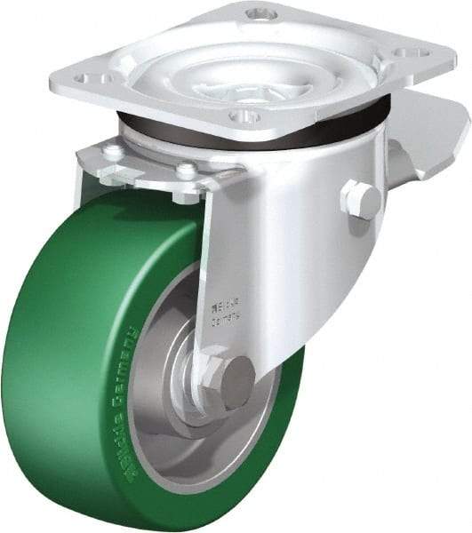 Blickle - 4" Diam x 1-37/64" Wide x 5-7/64" OAH Top Plate Mount Swivel Caster with Brake - Polyurethane-Elastomer Blickle Softhane, 660 Lb Capacity, Ball Bearing, 3-15/16 x 3-3/8" Plate - USA Tool & Supply