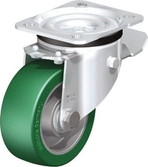 Blickle - 4" Diam x 1-37/64" Wide x 5-7/64" OAH Top Plate Mount Swivel Caster with Brake - Polyurethane-Elastomer Blickle Softhane, 660 Lb Capacity, Ball Bearing, 3-15/16 x 3-3/8" Plate - USA Tool & Supply