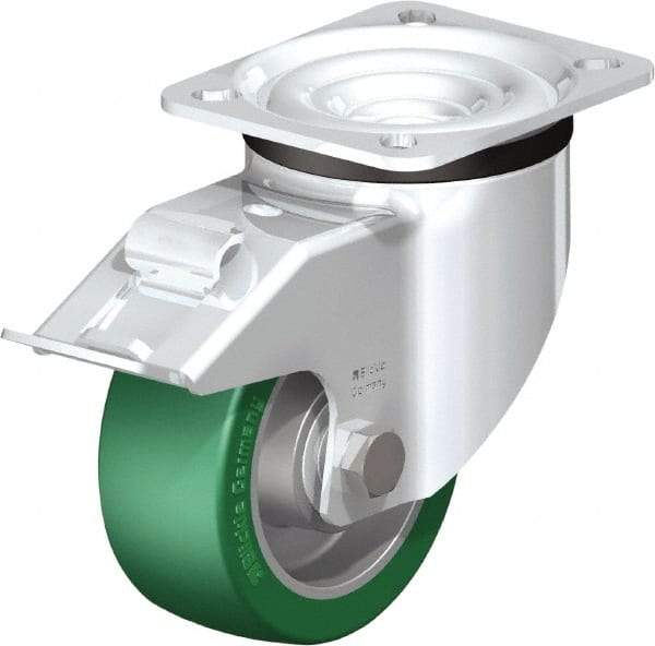 Blickle - 4" Diam x 1-37/64" Wide x 5-7/64" OAH Top Plate Mount Swivel Caster with Brake - Polyurethane-Elastomer Blickle Softhane, 660 Lb Capacity, Ball Bearing, 3-15/16 x 3-3/8" Plate - USA Tool & Supply