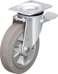 Blickle - 8" Diam x 1-31/32" Wide x 9-41/64" OAH Top Plate Mount Swivel Caster with Brake - Solid Rubber, 1,100 Lb Capacity, Ball Bearing, 5-1/2 x 4-3/8" Plate - USA Tool & Supply