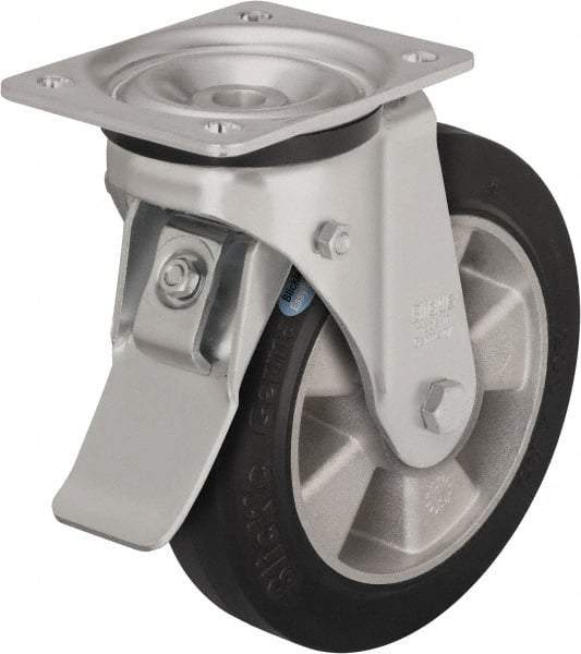 Blickle - 6-1/2" Diam x 1-31/32" Wide x 7-61/64" OAH Top Plate Mount Swivel Caster with Brake - Solid Rubber, 880 Lb Capacity, Ball Bearing, 5-1/2 x 4-3/8" Plate - USA Tool & Supply