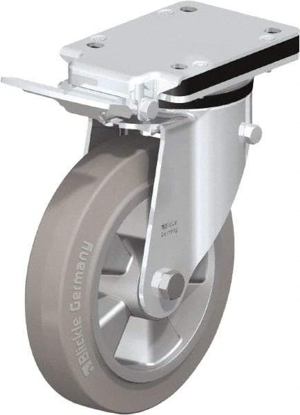 Blickle - 8" Diam x 1-31/32" Wide x 10-5/16" OAH Top Plate Mount Swivel Caster with Brake - Solid Rubber, 1,100 Lb Capacity, Ball Bearing, 5-1/2 x 4-3/8" Plate - USA Tool & Supply