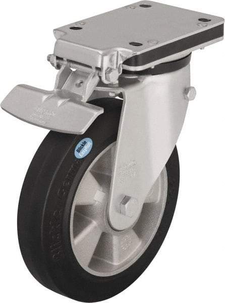 Blickle - 6-1/2" Diam x 1-31/32" Wide x 8-5/8" OAH Top Plate Mount Swivel Caster with Brake - Solid Rubber, 880 Lb Capacity, Ball Bearing, 5-1/2 x 4-3/8" Plate - USA Tool & Supply