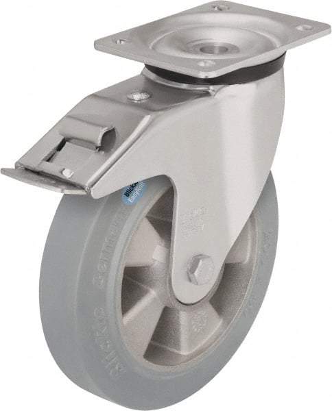 Blickle - 8" Diam x 1-31/32" Wide x 9-21/32" OAH Top Plate Mount Swivel Caster with Brake - Solid Rubber, 1,100 Lb Capacity, Ball Bearing, 5-1/2 x 4-3/8" Plate - USA Tool & Supply