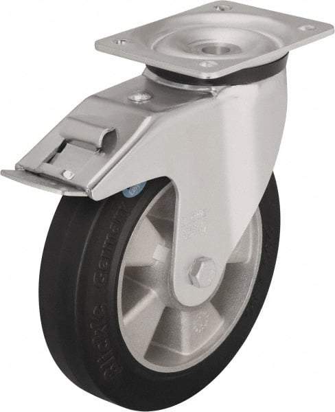 Blickle - 8" Diam x 1-31/32" Wide x 9-21/32" OAH Top Plate Mount Swivel Caster with Brake - Solid Rubber, 1,100 Lb Capacity, Ball Bearing, 5-1/2 x 4-3/8" Plate - USA Tool & Supply