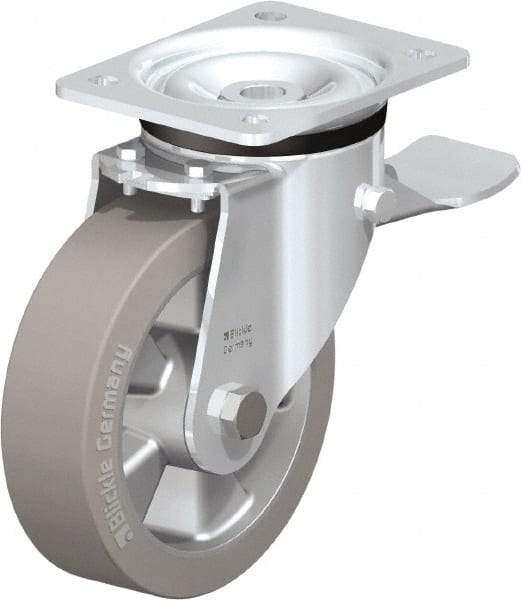 Blickle - 6-1/2" Diam x 1-31/32" Wide x 7-61/64" OAH Top Plate Mount Swivel Caster with Brake - Solid Rubber, 880 Lb Capacity, Ball Bearing, 5-1/2 x 4-3/8" Plate - USA Tool & Supply