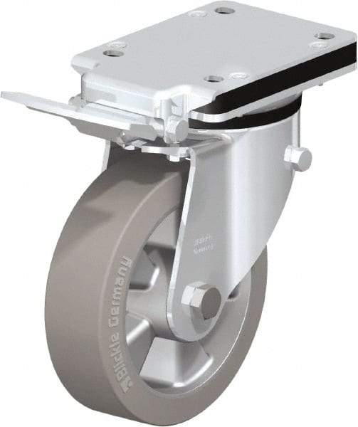 Blickle - 6-1/2" Diam x 1-31/32" Wide x 8-5/8" OAH Top Plate Mount Swivel Caster with Brake - Solid Rubber, 880 Lb Capacity, Ball Bearing, 5-1/2 x 4-3/8" Plate - USA Tool & Supply