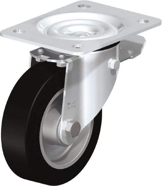Blickle - 5" Diam x 1-37/64" Wide x 6-7/64" OAH Top Plate Mount Swivel Caster with Brake - Solid Rubber, 550 Lb Capacity, Ball Bearing, 5-1/2 x 4-3/8" Plate - USA Tool & Supply