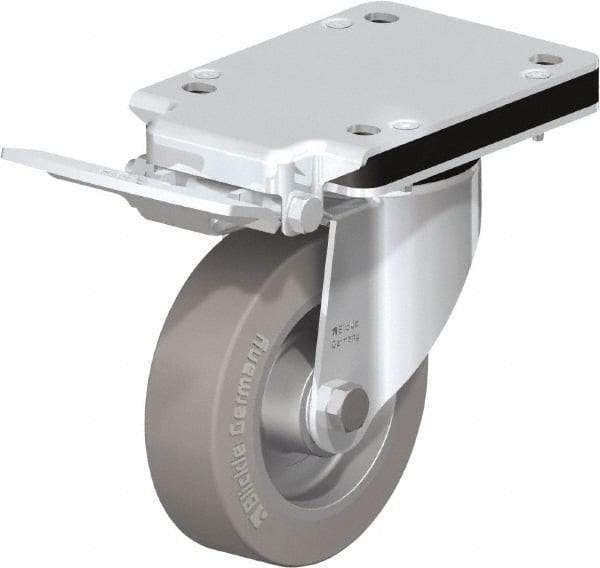 Blickle - 5" Diam x 1-37/64" Wide x 7-49/64" OAH Top Plate Mount Swivel Caster with Brake - Solid Rubber, 550 Lb Capacity, Ball Bearing, 5-1/2 x 4-3/8" Plate - USA Tool & Supply
