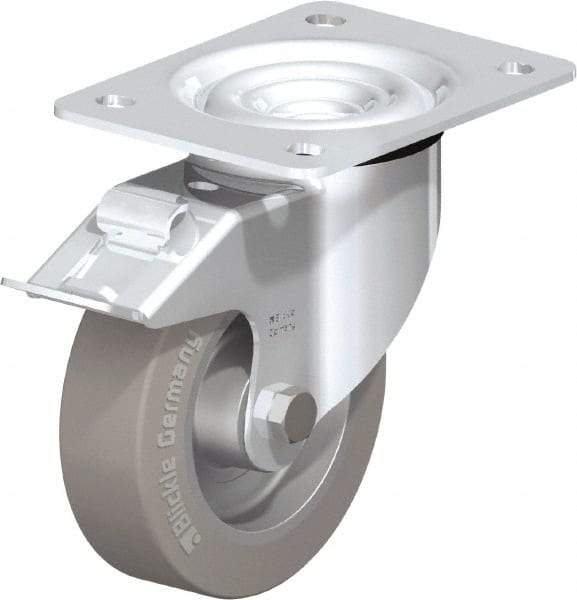 Blickle - 5" Diam x 1-37/64" Wide x 6-7/64" OAH Top Plate Mount Swivel Caster with Brake - Solid Rubber, 550 Lb Capacity, Ball Bearing, 5-1/2 x 4-3/8" Plate - USA Tool & Supply