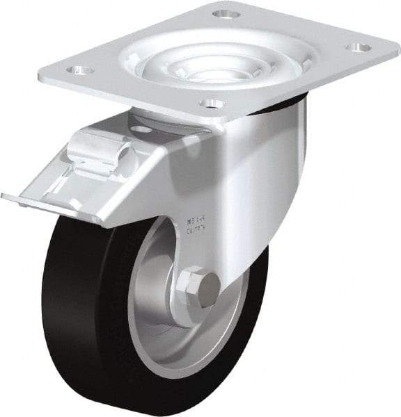 Blickle - 5" Diam x 1-37/64" Wide x 6-7/64" OAH Top Plate Mount Swivel Caster with Brake - Solid Rubber, 550 Lb Capacity, Ball Bearing, 5-1/2 x 4-3/8" Plate - USA Tool & Supply