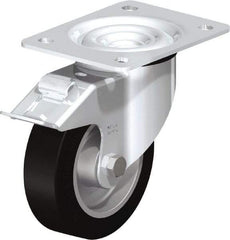 Blickle - 5" Diam x 1-37/64" Wide x 6-7/64" OAH Top Plate Mount Swivel Caster with Brake - Solid Rubber, 550 Lb Capacity, Ball Bearing, 5-1/2 x 4-3/8" Plate - USA Tool & Supply