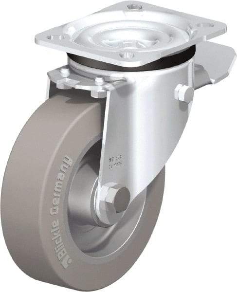 Blickle - 5" Diam x 1-37/64" Wide x 6-7/64" OAH Top Plate Mount Swivel Caster with Brake - Solid Rubber, 550 Lb Capacity, Ball Bearing, 3-15/16 x 3-3/8" Plate - USA Tool & Supply