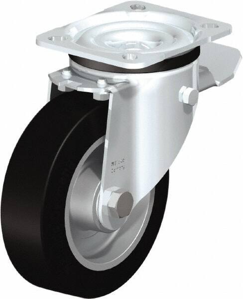 Blickle - 5" Diam x 1-37/64" Wide x 6-7/64" OAH Top Plate Mount Swivel Caster with Brake - Solid Rubber, 550 Lb Capacity, Ball Bearing, 3-15/16 x 3-3/8" Plate - USA Tool & Supply