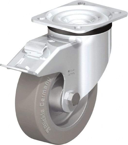 Blickle - 5" Diam x 1-37/64" Wide x 6-7/64" OAH Top Plate Mount Swivel Caster with Brake - Solid Rubber, 550 Lb Capacity, Ball Bearing, 3-15/16 x 3-3/8" Plate - USA Tool & Supply