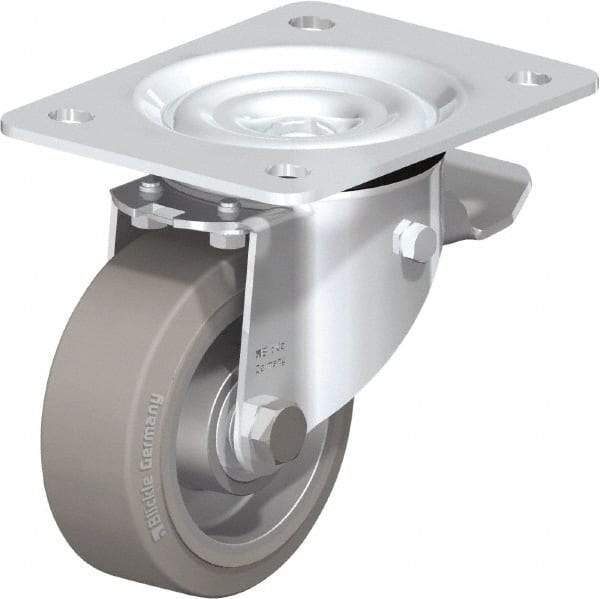 Blickle - 4" Diam x 1-37/64" Wide x 5-7/64" OAH Top Plate Mount Swivel Caster with Brake - Solid Rubber, 440 Lb Capacity, Ball Bearing, 5-1/2 x 4-3/8" Plate - USA Tool & Supply