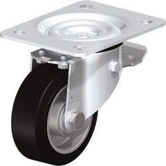 Blickle - 4" Diam x 1-37/64" Wide x 5-7/64" OAH Top Plate Mount Swivel Caster with Brake - Solid Rubber, 440 Lb Capacity, Ball Bearing, 5-1/2 x 4-3/8" Plate - USA Tool & Supply