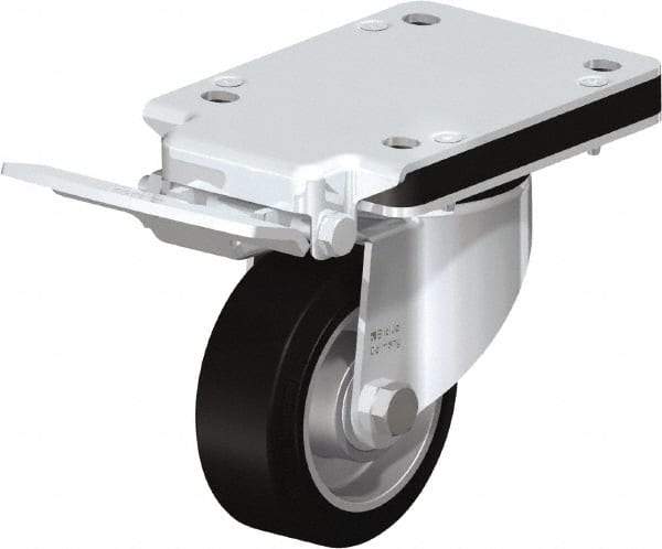 Blickle - 4" Diam x 1-37/64" Wide x 5-5/32" OAH Top Plate Mount Swivel Caster with Brake - Solid Rubber, 440 Lb Capacity, Ball Bearing, 5-1/2 x 4-3/8" Plate - USA Tool & Supply