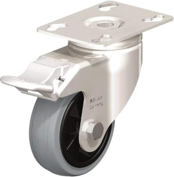 Blickle - 3" Diam x 63/64" Wide x 4-3/8" OAH Top Plate Mount Swivel Caster with Brake - Solid Rubber, 176 Lb Capacity, Plain Bore Bearing, 3-9/16 x 2-5/8" Plate - USA Tool & Supply