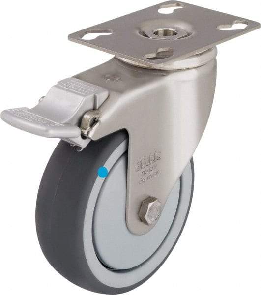 Blickle - 3" Diam x 1-1/4" Wide x 4-3/8" OAH Top Plate Mount Swivel Caster with Brake - Thermoplastic Rubber Elastomer (TPE), 220 Lb Capacity, Ball Bearing, 3-9/16 x 2-5/8" Plate - USA Tool & Supply