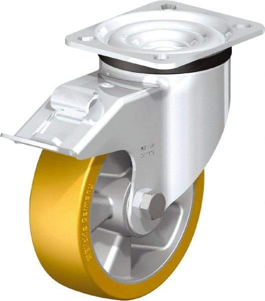 Blickle - 5" Diam x 1-9/16" Wide x 6-7/64" OAH Top Plate Mount Swivel Caster with Brake - Polyurethane-Elastomer Blickle Extrathane, 770 Lb Capacity, Ball Bearing, 3-15/16 x 3-3/8" Plate - USA Tool & Supply