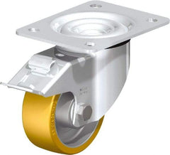 Blickle - 4" Diam x 1-9/16" Wide x 5-7/64" OAH Top Plate Mount Swivel Caster with Brake - Polyurethane-Elastomer Blickle Extrathane, 550 Lb Capacity, Ball Bearing, 5-1/2 x 4-3/8" Plate - USA Tool & Supply