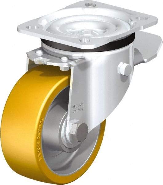 Blickle - 4" Diam x 1-9/16" Wide x 5-7/64" OAH Top Plate Mount Swivel Caster with Brake - Polyurethane-Elastomer Blickle Extrathane, 550 Lb Capacity, Ball Bearing, 3-15/16 x 3-3/8" Plate - USA Tool & Supply