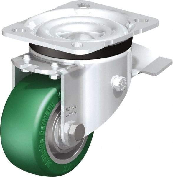 Blickle - 3" Diam x 1-9/16" Wide x 4-21/64" OAH Top Plate Mount Swivel Caster with Brake - Polyurethane-Elastomer Blickle Softhane, 506 Lb Capacity, Ball Bearing, 3-15/16 x 3-3/8" Plate - USA Tool & Supply