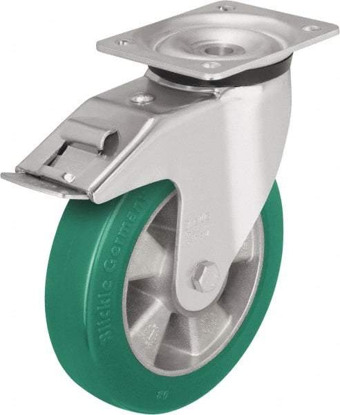 Blickle - 6-1/2" Diam x 2" Wide x 7-61/64" OAH Top Plate Mount Swivel Caster with Brake - Polyurethane-Elastomer Blickle Softhane, 1,210 Lb Capacity, Ball Bearing, 5-1/2 x 4-3/8" Plate - USA Tool & Supply