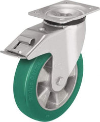 Blickle - 5" Diam x 2-1/8" Wide x 6-11/16" OAH Top Plate Mount Swivel Caster with Brake - Polyurethane-Elastomer Blickle Softhane, 990 Lb Capacity, Ball Bearing, 5-1/2 x 4-3/8" Plate - USA Tool & Supply